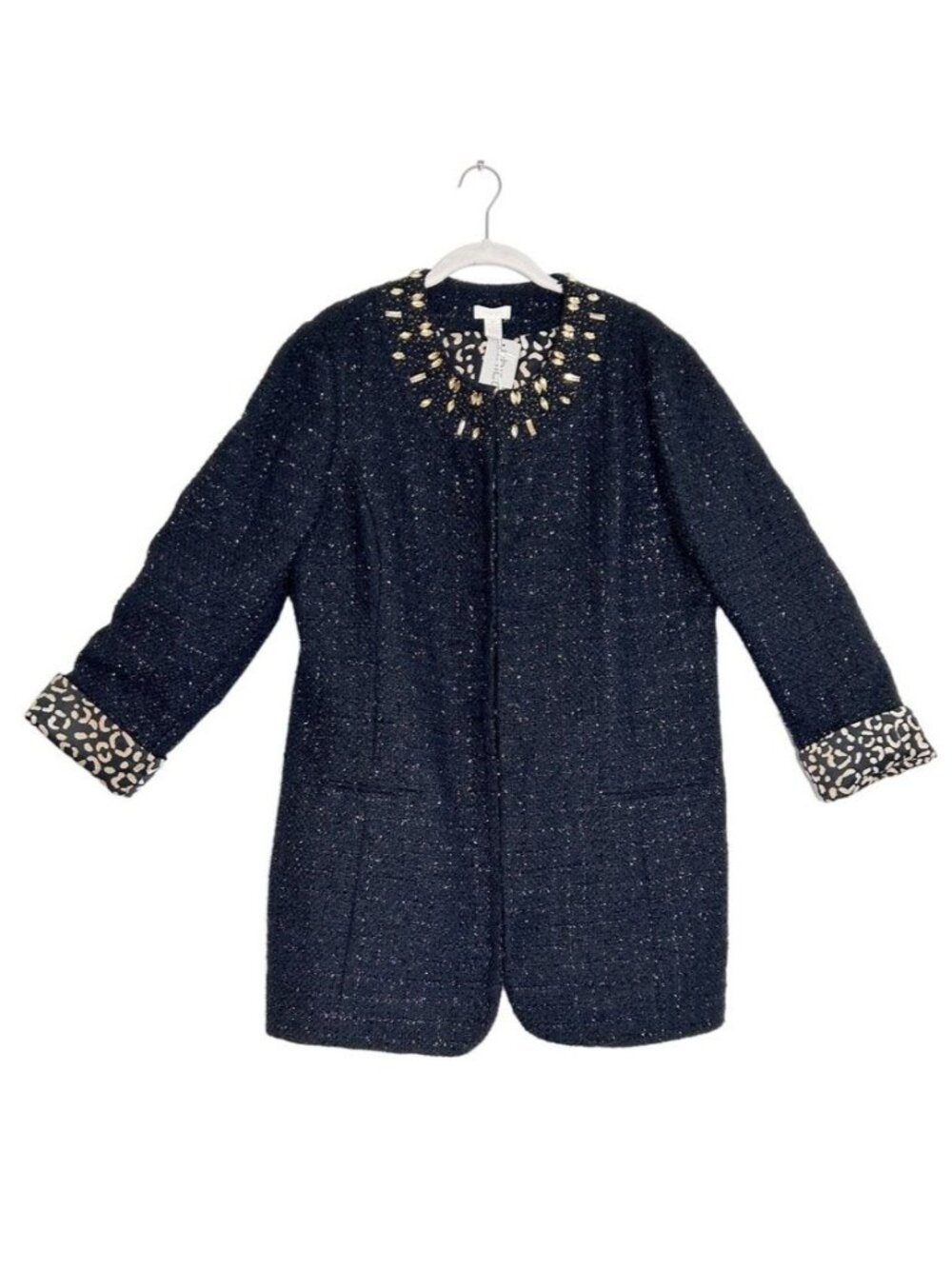 Chico's Ani-Glam Tweed Metallic & Beaded Long Jacket in Black - Sz 2 (L) - New
